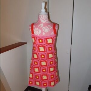 Zara Pink, Red and Yellow Crochet Square-Pattern Kids Dress